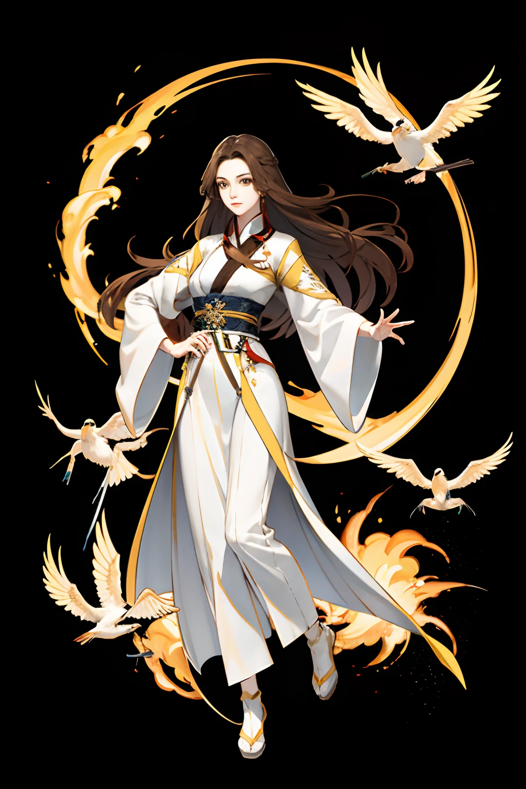 masterpiece, best quality, 1girl, brown hair, brown eyes, female swordmaster, cinematic, volumetric lighting, hanfu, carrying sword on her hip, ancient china, white and yellow hanfu, bird, cranes, long hair, blue accent on clothing, character design sheet, full body pose,