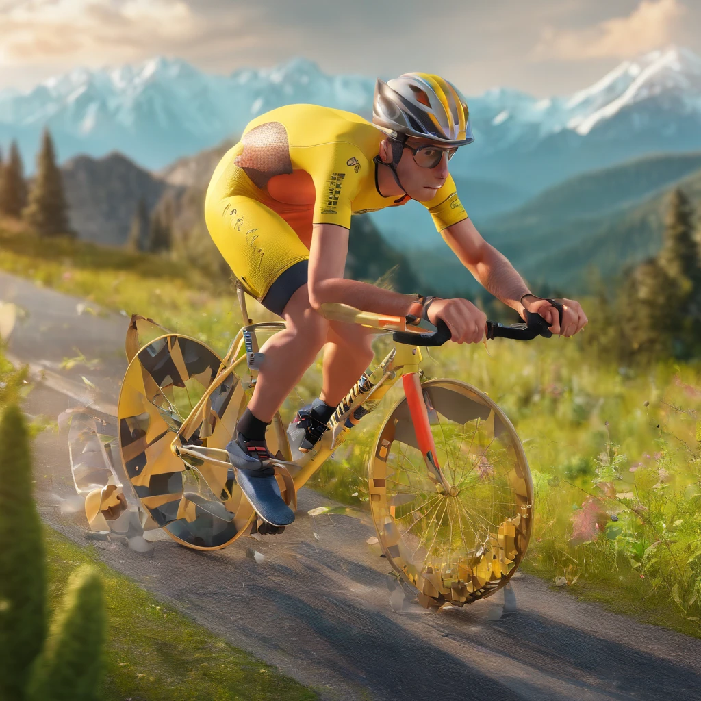 Snail with expression of effort, con un casco de ciclista, montado sobre una bicicleta con un cohete en la parte trasera echando fuego, renderizado 3D hiperrealista detallado, pedaleando cuesta arriba por una carretera, Mountains in the background with trees and a hawk