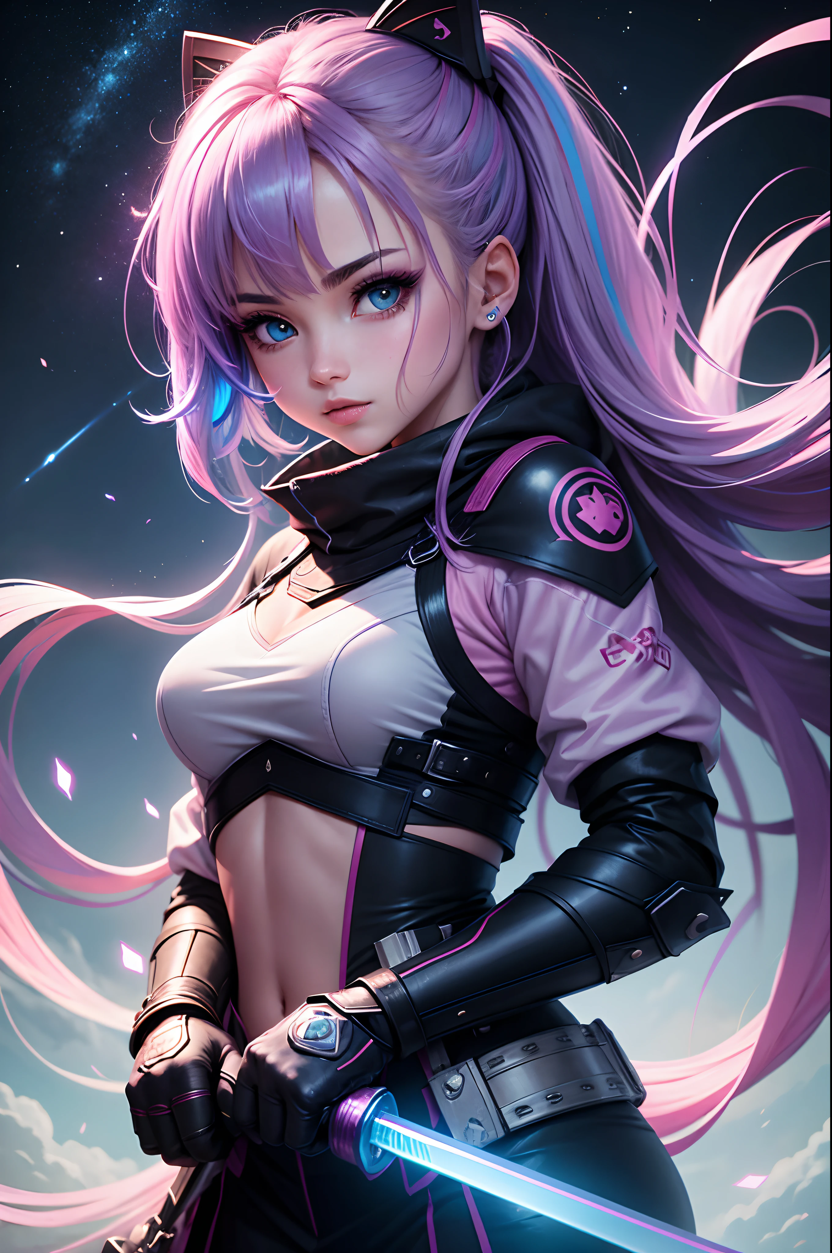 Mulher ninja com fone de ouvido sentido paz, olhos brilhantes com estrela, rosto bonito, RGB cores, cabelo rosa brilhante, Anime colorido, fundo brilhante, Banner for youtube video, feliz, clouds with RGB cores, bright RGB cores, completar, ser celestial, Gamer girl with a sword in her hand, Bancos.