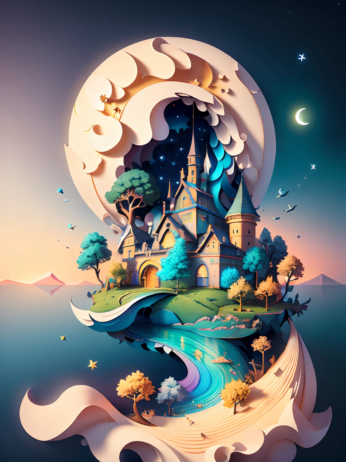 (((masterpiece))),best quality, illustration,  sky, cloud, water, star \(symbol\), tree, no humans, night, bird, moon, building, small island, star \(sky\), night sky, scenery, starry sky, watercraft, castle, ship, waves, tower, boat. vibrant color scheme, Soft light,(warm color:1.2),Water color painting, light background, best quality exquisite details,3d rendering,Octane render, pastel, paper_cut