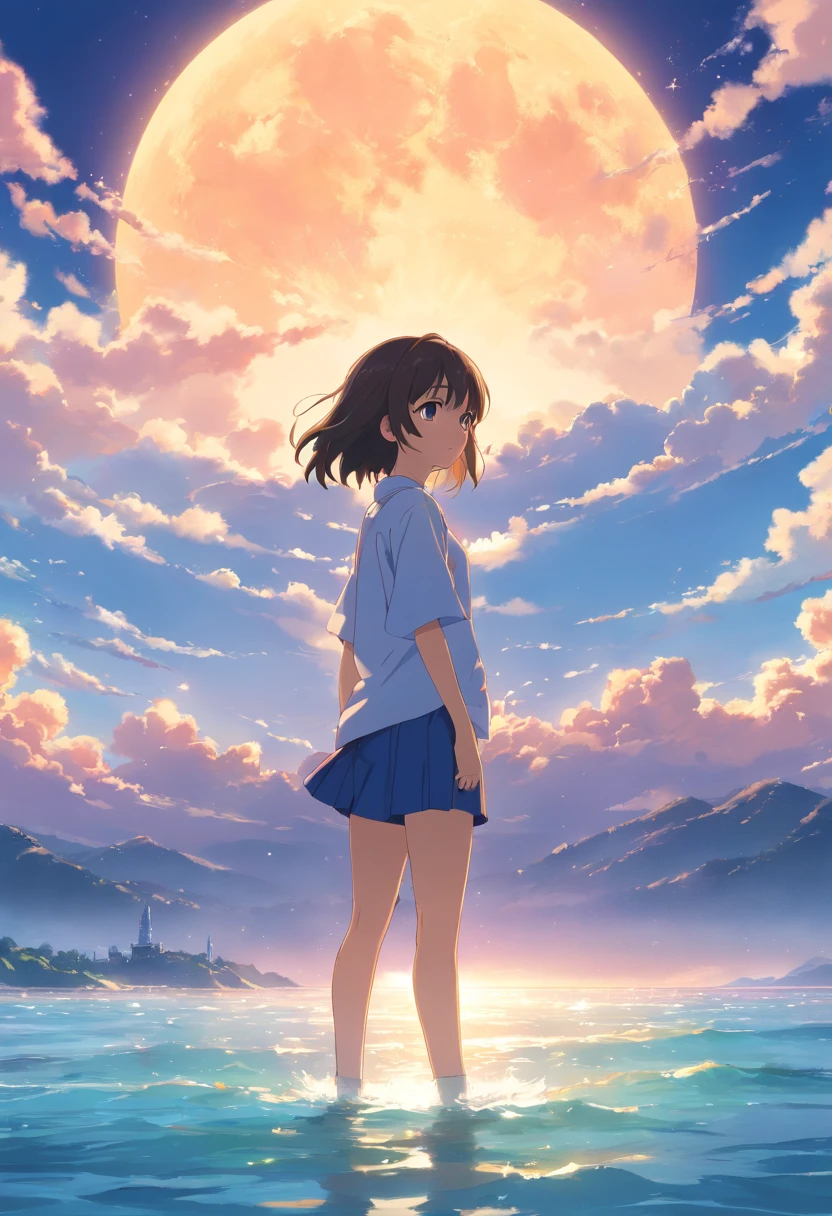 obra maestra、highest qualityr、movie stills、1 Macho adulto、Un cabello oscuro、nube、flotando en el cielo、Un primer plano、Luminosa、felicidad、warm and soft lighting、El sol poniente、(chispa:0.7)