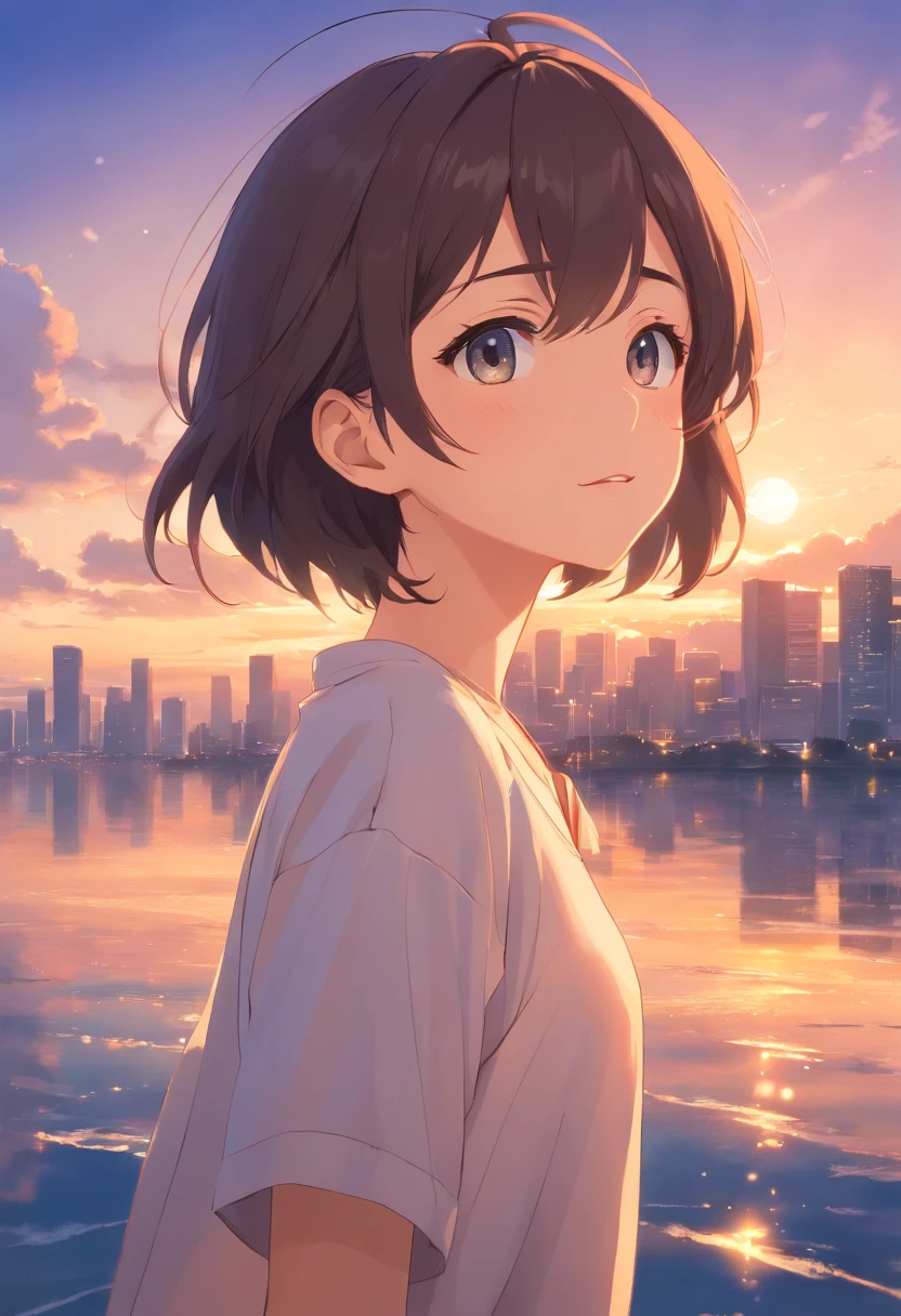 obra maestra、highest qualityr、movie stills、1 Macho adulto、Un cabello oscuro、nube、flotando en el cielo、Un primer plano、Luminosa、felicidad、warm and soft lighting、El sol poniente、(chispa:0.7)