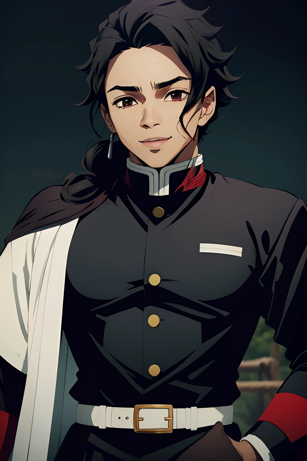 tied hair, black hair, moreno, demon slayer uniform, black sword, defined, black man, young, man, medium hair, negro, happy,lindo