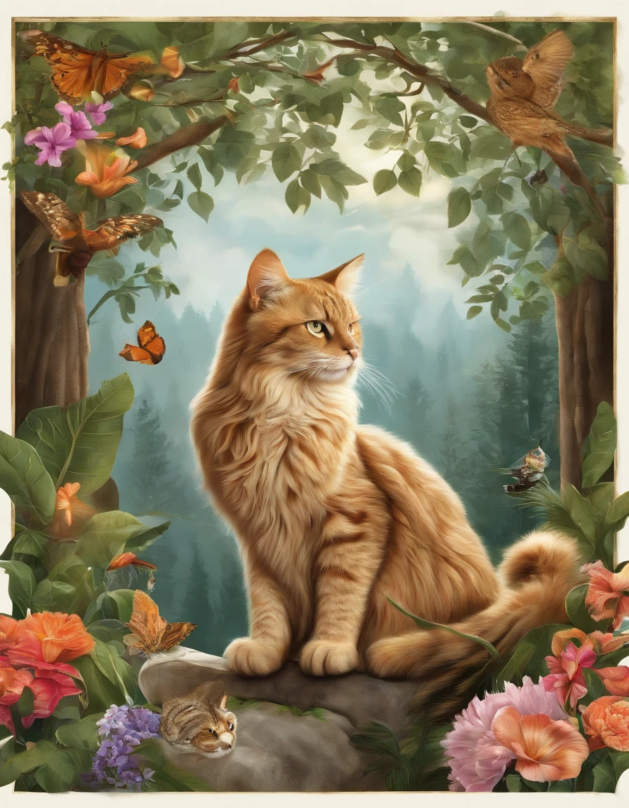 Cat & Wildlife Design Poster, Ultra HD quality, Extremely delicate, Rich in color, Wildlife communities, Light with dramatic effect, Dense woods, Natural light, Highlighted protagonist owl, Other wildlife surrounds the surroundings, Surrounded by flowers and plants, The detailed depiction of the animals is exquisite, The lens focus adapts to the subject, Hand drawn style illustration effect.