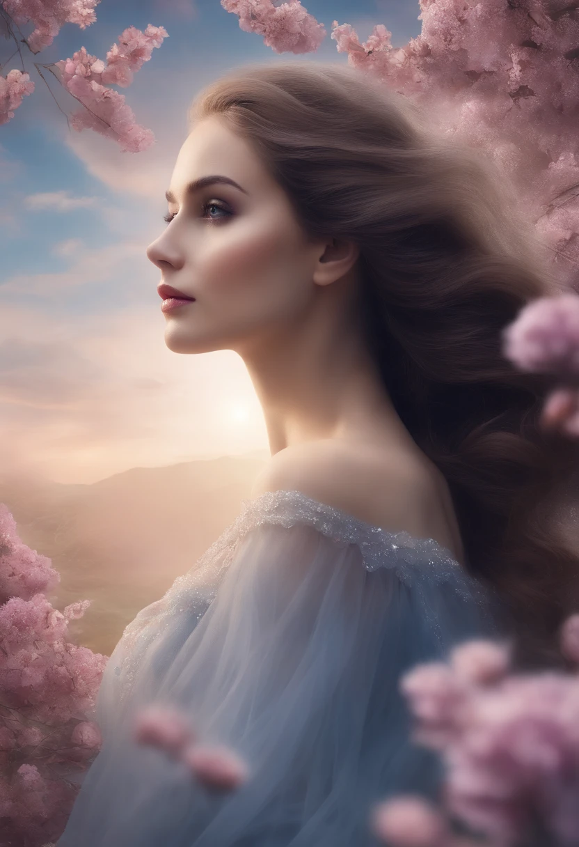 (extremamente detalhado, best quality), floating, an extremely delicate and beautiful dreamlike scene,, , [(1girl),(cabelo roxo longo), Rosto detalhado, neck ribbon, Vestido azul elegante, standing on a cloud, (tiro largo), (Atmosfera misteriosa):1.5],, , [(asas de borboleta),(gato fofo),(Floral bouquet),(conto de fadas), (luz solar),(luz suave),(pastels colors),(Glitter):0.8]