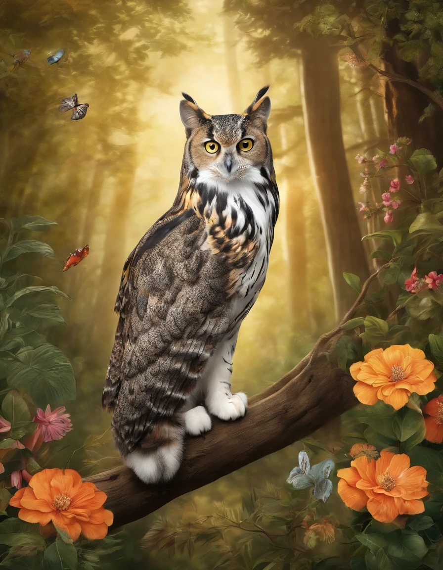 Cat & Wildlife Design Poster, Ultra HD quality, Extremely delicate, Rich in color, Wildlife communities, Light with dramatic effect, Dense woods, Natural light, Highlighted protagonist owl, Other wildlife surrounds the surroundings, Surrounded by flowers and plants, The detailed depiction of the animals is exquisite, The lens focus adapts to the subject, Hand drawn style illustration effect.