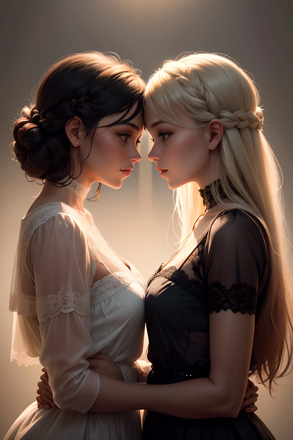 two women looking at each other reflecting, one is light, the other is dark'