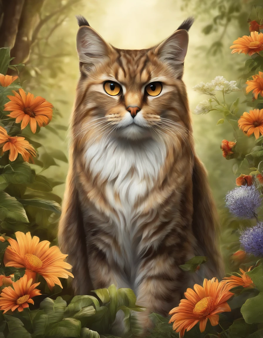 Cat & Wildlife Design Poster, Ultra HD quality, Extremely delicate, Rich in color, Wildlife communities, Light with dramatic effect, Dense woods, Natural light, Highlighted protagonist owl, Other wildlife surrounds the surroundings, Surrounded by flowers and plants, The detailed depiction of the animals is exquisite, The lens focus adapts to the subject, Hand drawn style illustration effect.