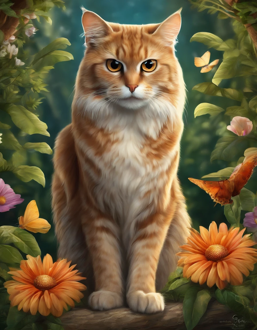 Cat & Wildlife Design Poster, Ultra HD quality, Extremely delicate, Rich in color, Wildlife communities, Light with dramatic effect, Dense woods, Natural light, Highlighted protagonist owl, Other wildlife surrounds the surroundings, Surrounded by flowers and plants, The detailed depiction of the animals is exquisite, The lens focus adapts to the subject, Hand drawn style illustration effect.
