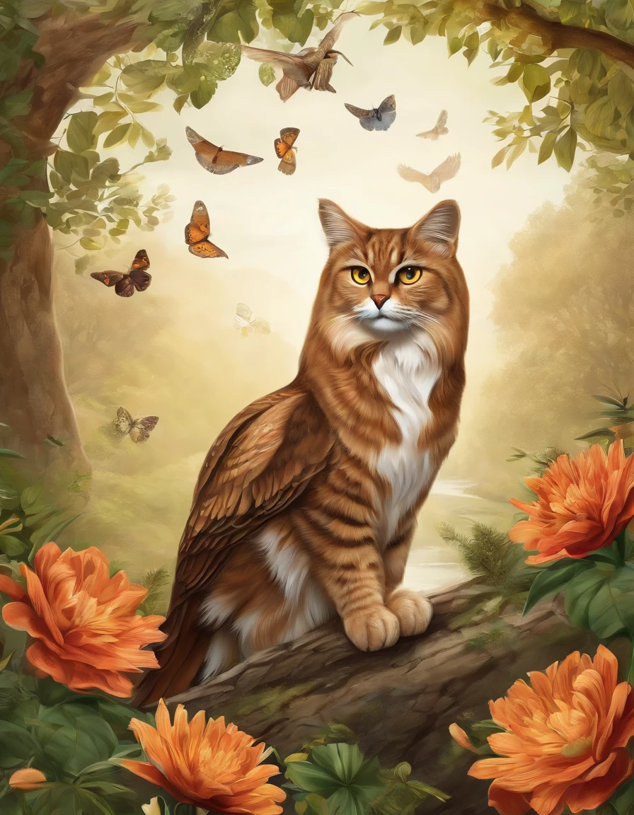 Cat & Wildlife Design Poster, Ultra HD quality, Extremely delicate, Rich in color, Wildlife communities, Light with dramatic effect, Dense woods, Natural light, Highlighted protagonist owl, Other wildlife surrounds the surroundings, Surrounded by flowers and plants, The detailed depiction of the animals is exquisite, The lens focus adapts to the subject, Hand drawn style illustration effect.