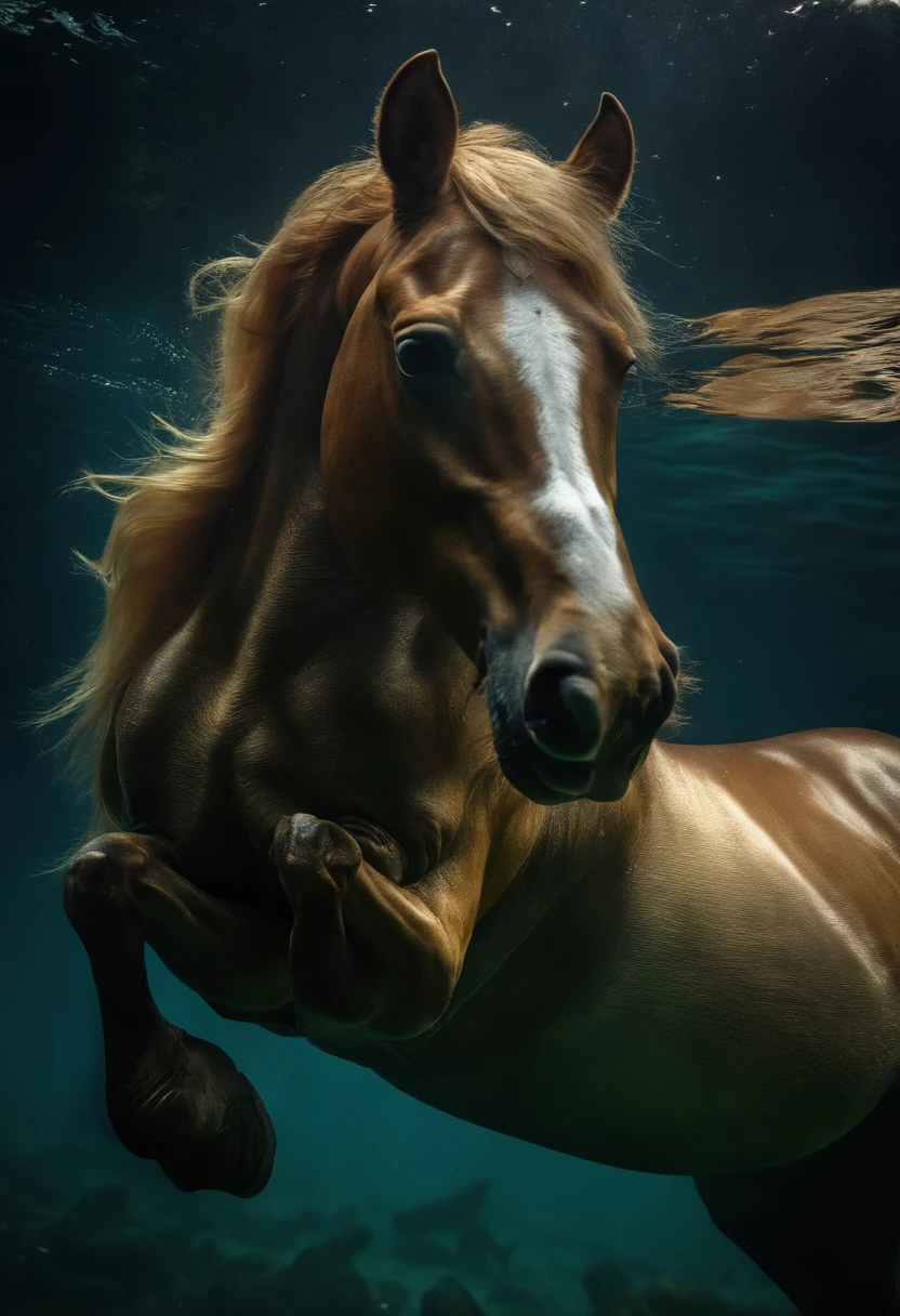 Create an incredibly realistic underwater image, foco corpo inteiro no centro , ultra-detalhada e intrincada imagem de |um belo guerreiro |armas espada e escudo bem definidos| Looking at camera |cavalgando um Hippocampus da mitologia, hybrid horse, metade cavalo e metade peixe, sua calda substitui as patas traseiras do cavalo| (((( cavalo com cauda de peixe substitui as patas traseiras, Hippocampus da mitologia)))). The water should have a deep blue tone and convey the feeling of the depth of the ocean. Por favor, Make the image as detailed and impressive as possible. cinematiclight, HD, obra de arte, fotografia premiada, ultra realidade.