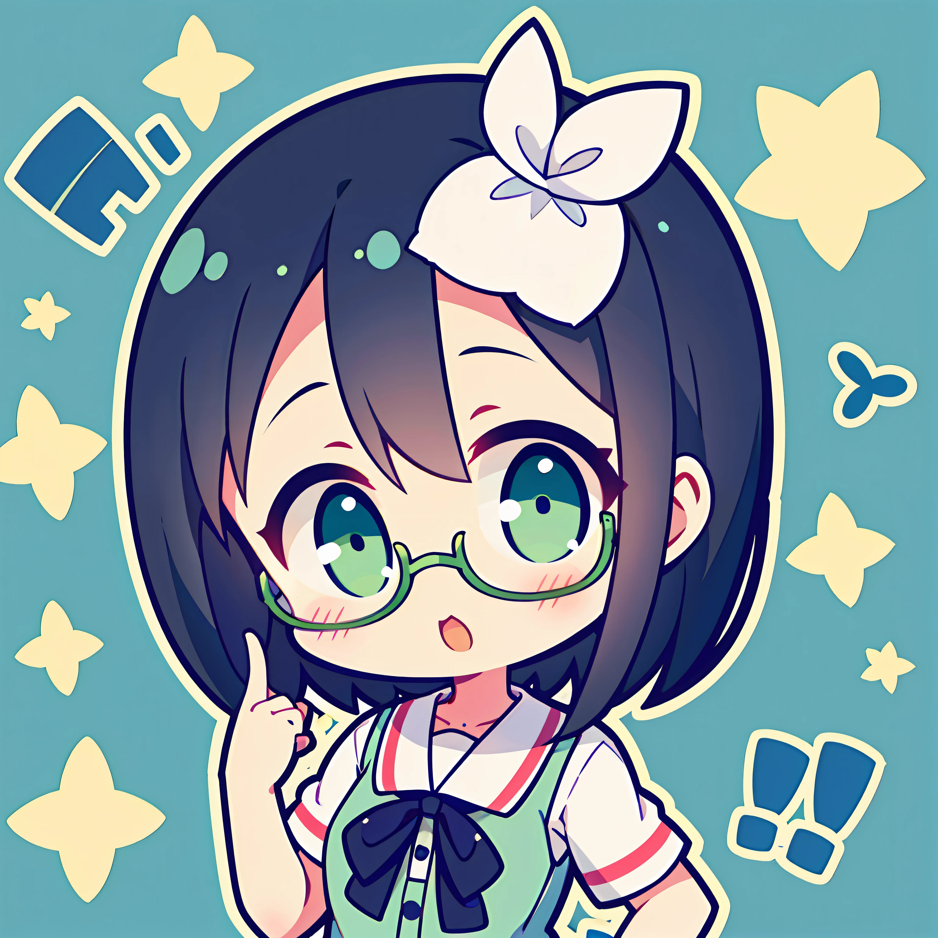 Cartoon girl with green eyes and glasses in green dress, fubuki, chibi girl, chibiStyle, anime chibi, chihiro! fujisaki, Cartoon image, nerdy, nagatoro, Kawaii chibi, tchibi, Chibi anime girl, rei hiroe, mitsumayo, chibi anime, Chibi Art, kotegawa yui, rumiko, Anime girl，Black pupils，Stick in hand