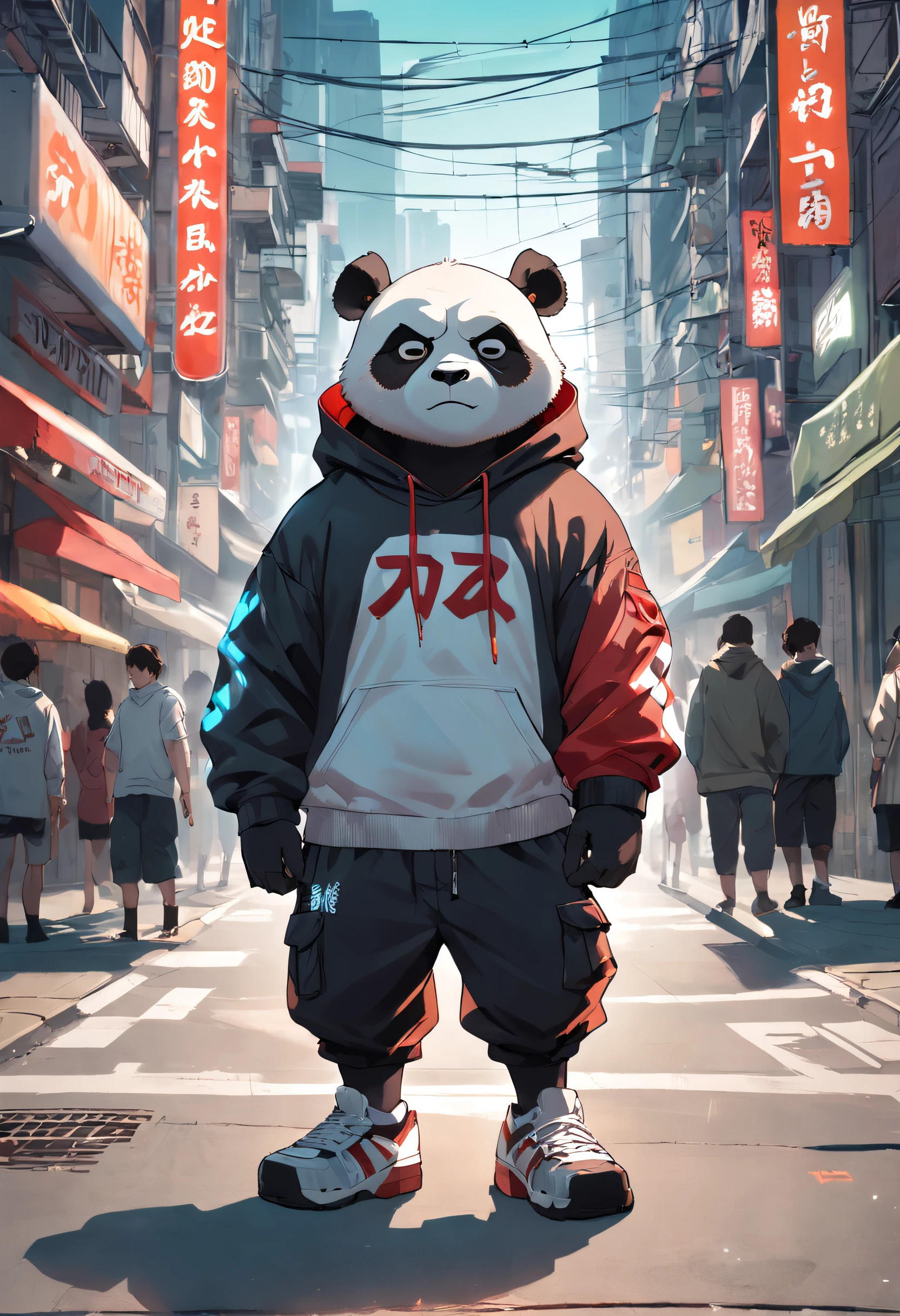 ((foto crua)), ((obra-prima)), Anthropomorphic humanoid panda wearing (((roupas de streetwear))), caminhando furiosamente entre as pessoas, detalhe intrincado, intricate Greebles pieces, city behind, corpo musculoso, (((large muscles))), muscular arms, (small head), Ogro monstruoso, Titan soft lighting, Hiper realista, soft-lighting, Ambiente sinistro