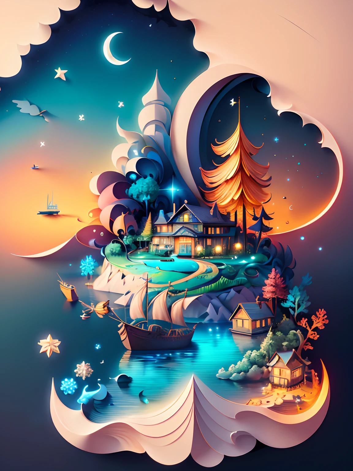 (((masterpiece))),best quality, illustration,  sky, cloud, water, star \(symbol\), no humans, night, bird, moon, building, small island, star \(sky\), night sky, scenery, starry sky, watercraft, small house, ship, waves, boat. vibrant color scheme, Soft light,(warm color:1.2),Water color painting, light background, best quality exquisite details,3d rendering,Octane render, pastel, paper_cut