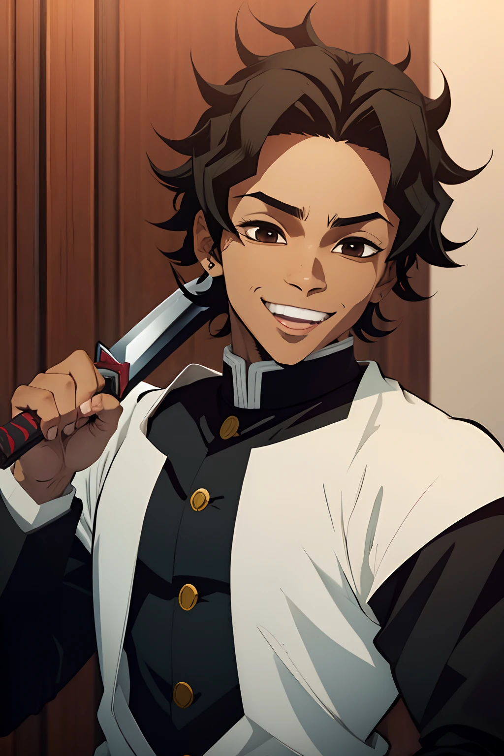 tied hair, black hair, moreno, demon slayer uniform, black sword, defined, black man, young, man, medium hair, negro, happy,lindo