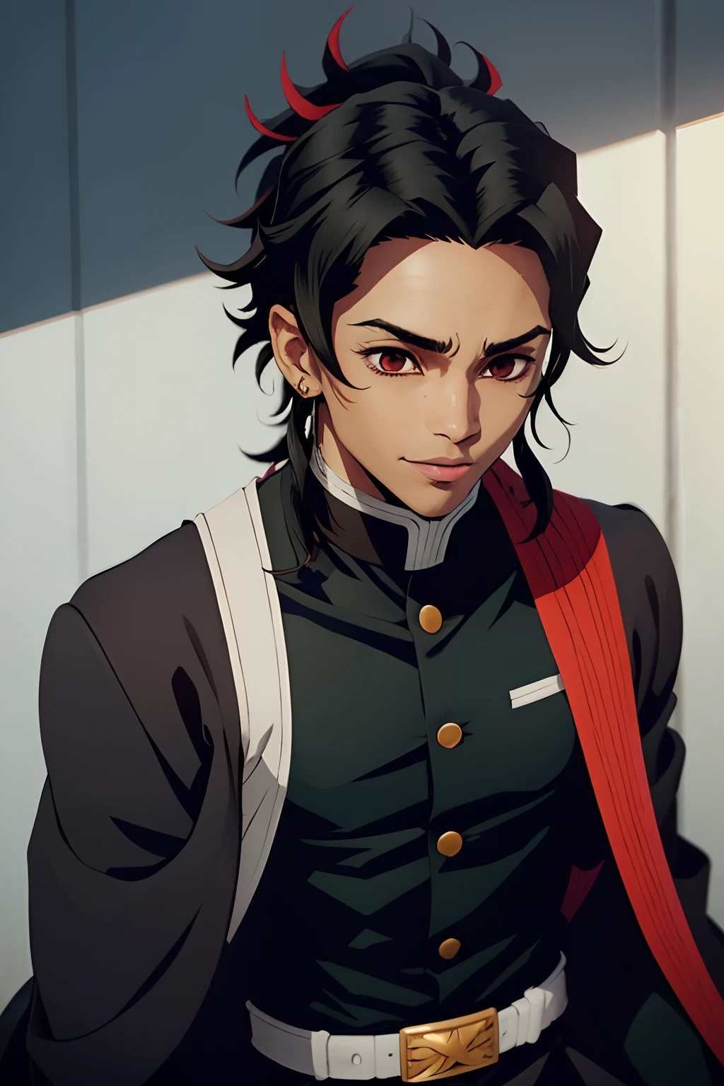 tied hair, black hair, moreno, demon slayer uniform, black sword, defined, black man, young, man, medium hair, negro, happy, lindo