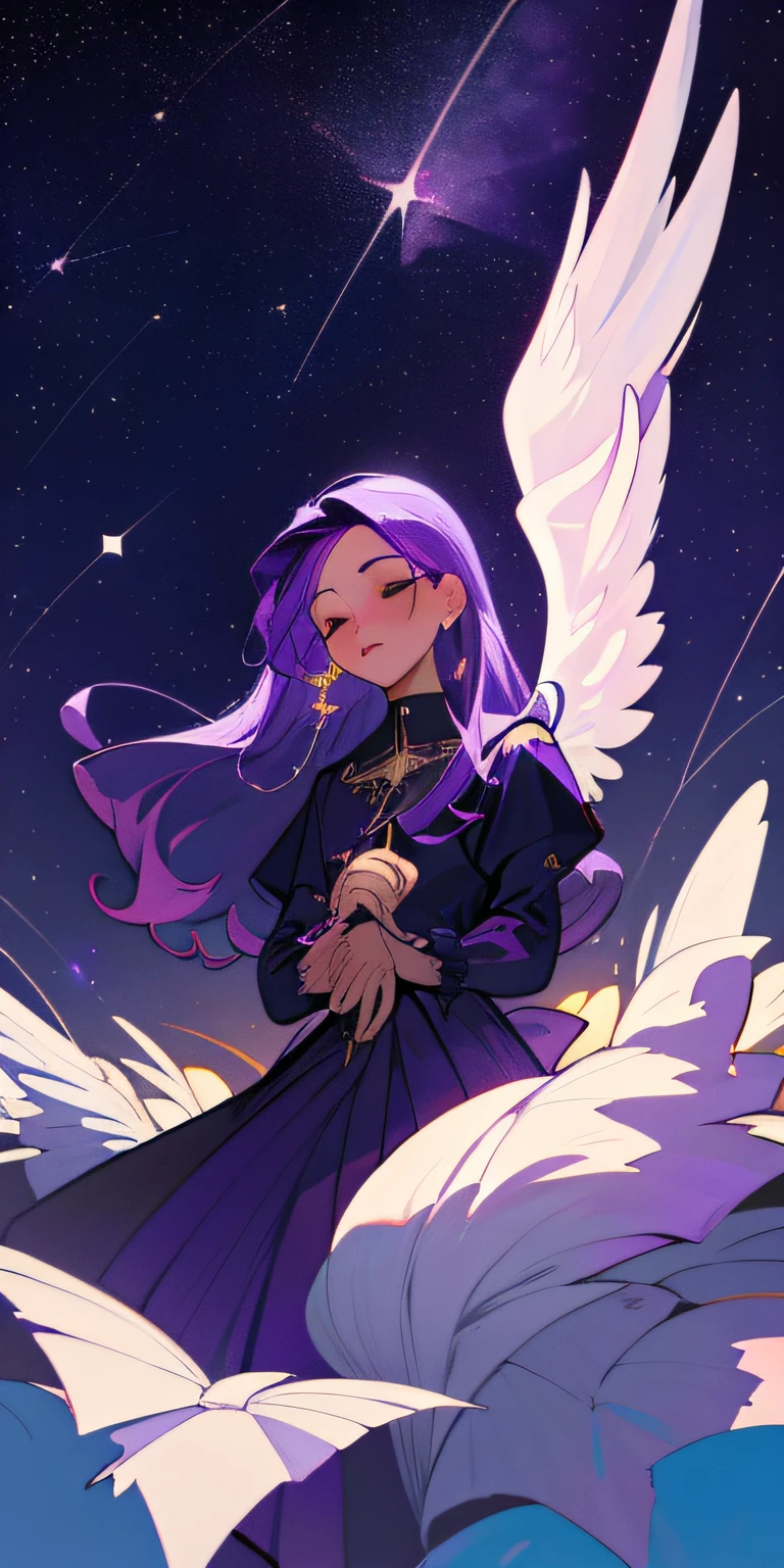 angel callendo del cielo ,cabello color morado,fondo pintura miguelangel ,cielo con estrellas fugases