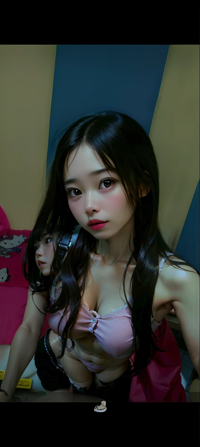 top-quality、超A high resolution、(Photorealsitic:1.4)、1人、looking at viewert、a closeup、Underwear about to take off、Colossal tits、Open Legs Pose、Embarrassed and looking down、on the beds、Shaved