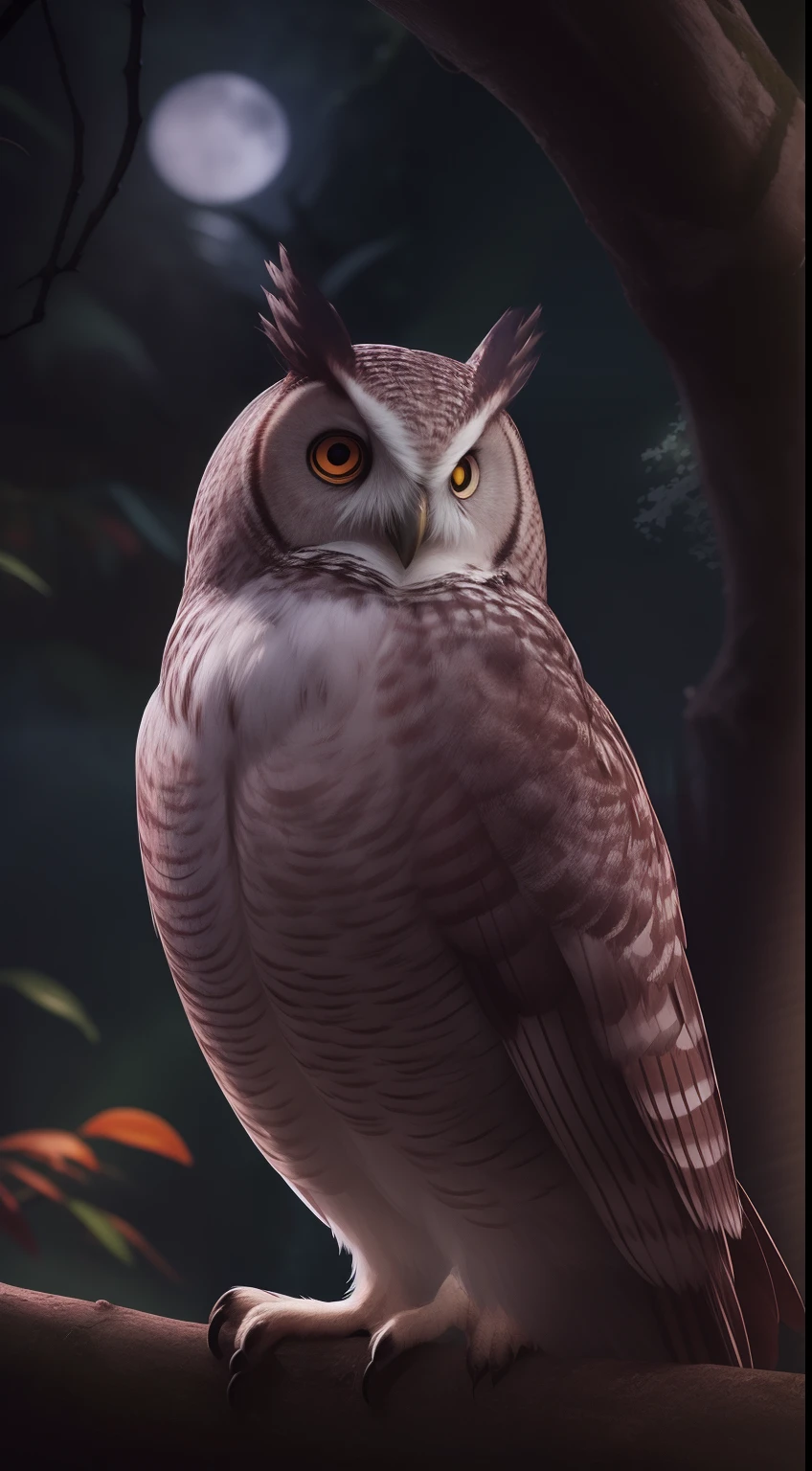 An amazing owl on the tree, red lighting eyes, in a dark jungle, cinematic, night, moonlight, high quality, 8k, super details