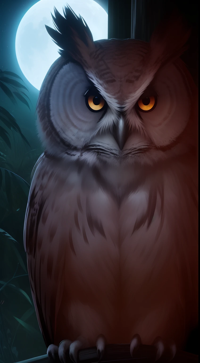 An amazing owl on the tree, red lighting eyes, in a dark jungle, cinematic, night, moonlight, high quality, 8k, super details