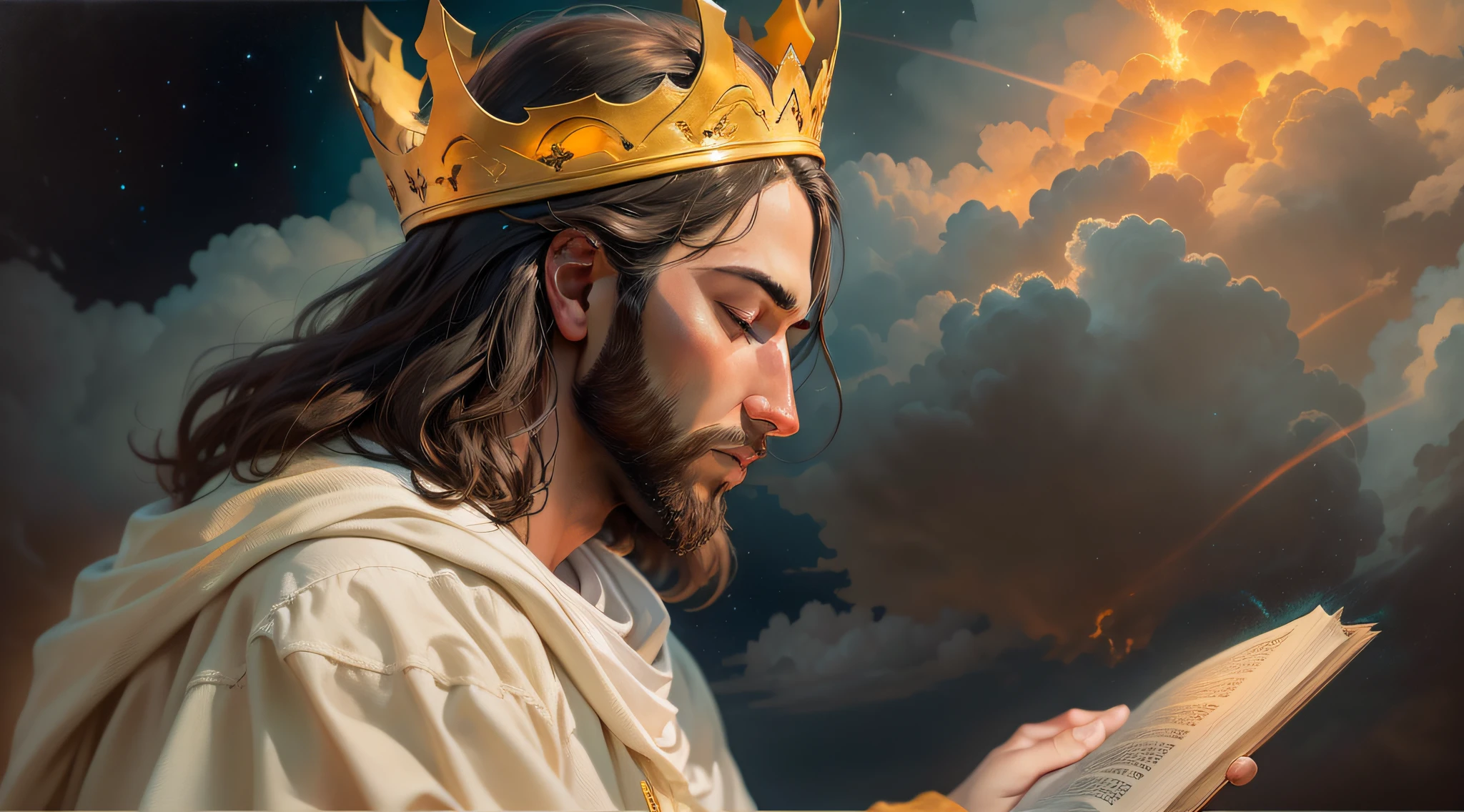 [a realistic painting of Jesus in profile reading a book with a golden crown amid the clouds of the sky catching fire]