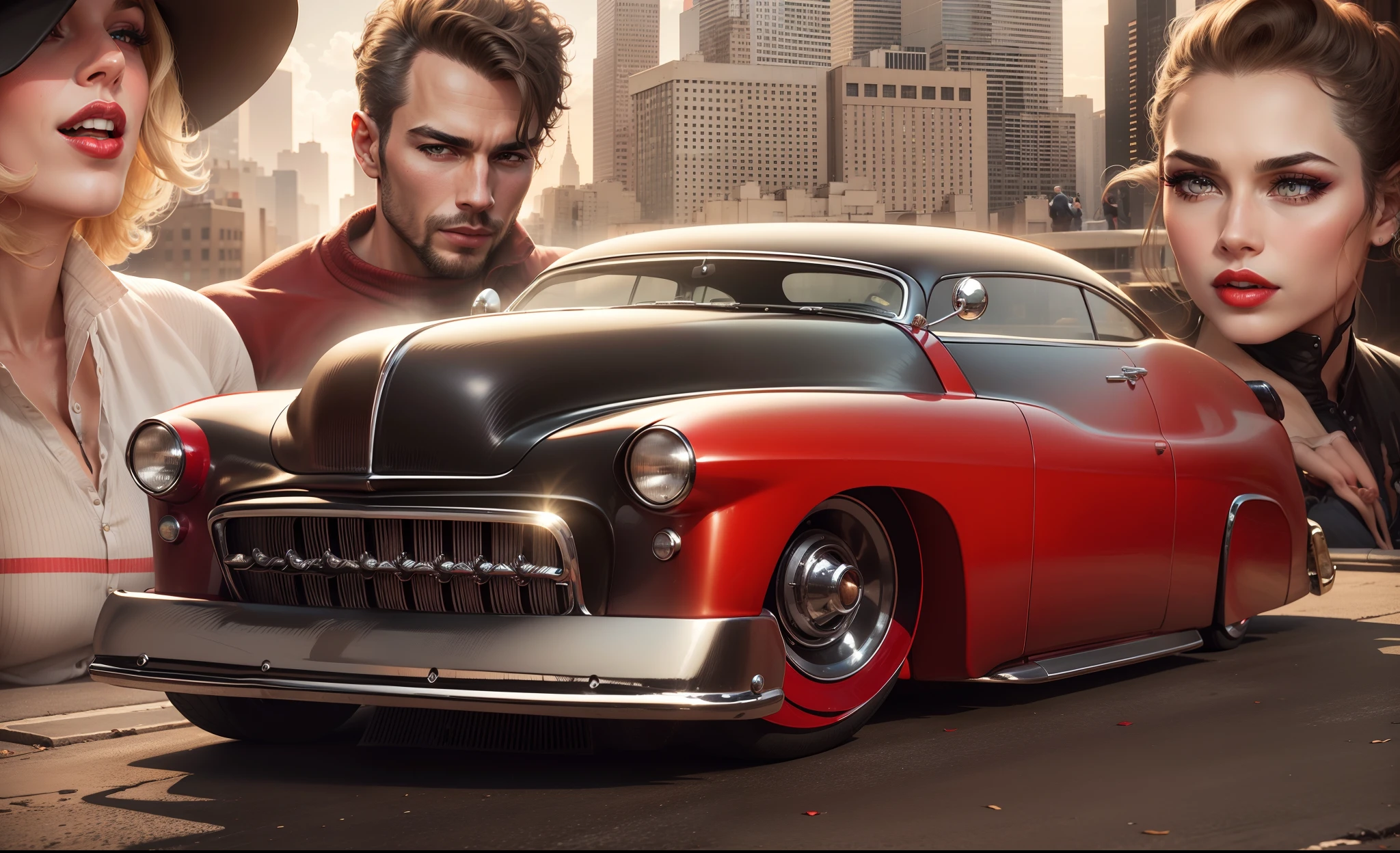 Belo Mercury 49 preto muscle car em primeiro plano, a blonde woman with red lipstick and hat, further back a male man and a beautiful woman with blonde hair and red lipstick and in the background New York buildings