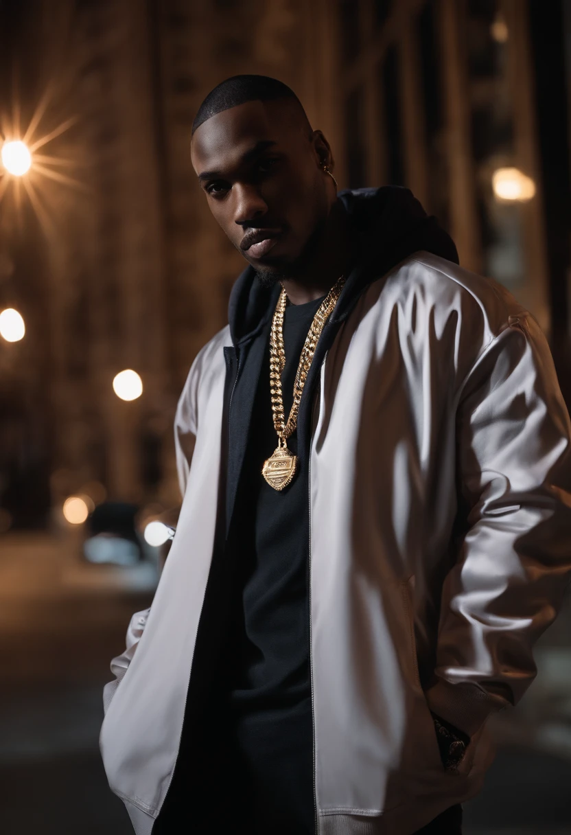 In a city street at night, a stylish hip-hop rapper stands confidently under the dim streetlights. His outfit is fashionable, with a baggy black hoodie, oversized gold chain necklace, and matching black snapback cap with the word "RAP" written in bold gold letters. The rapper's eyes shine with determination and intensity, complemented by his sharp eyebrows and a short, well-groomed beard. His lips are surrounded by a thin mustache and his well-defined jawline adds to his charismatic presence.
The surroundings are filled with an urban vibe. Tall buildings with colorful graffiti art cover the background, expressing the vibrant energy of the hip-hop culture. The dimly lit street is wet from recent rain, creating a reflective surface that amplifies the contrast between the rapper's dark silhouette and the surrounding streetlights. The cityscape is further enhanced by the presence of flickering neon signs and passing cars, adding dynamic streaks of light and movement to the scene.
The image quality is of the highest caliber, showcasing the richness of details and textures. Every strand of the rapper's curly hair is meticulously portrayed, showcasing its natural shine. The intricate patterns on his hoodie and the elaborate graffiti art on the walls are rendered with incredible precision, emphasizing their artistic value. The image exudes photorealism, as if the viewer could step into the scene and hear the beats of the music.
The overall color tone of the image is a combination of deep blues, purples, and hints of vibrant oranges and reds from the city lights. This color palette amplifies the nocturnal atmosphere, while the pops of warm tones add intensity and energy.
The lighting in the scene is artistically crafted, with the dim streetlights casting long shadows that accentuate the rapper's confident stance. The neon signs create a colorful interplay of light and shadow, further enhancing the dynamic nature of the composition. The lighting contributes to the overall