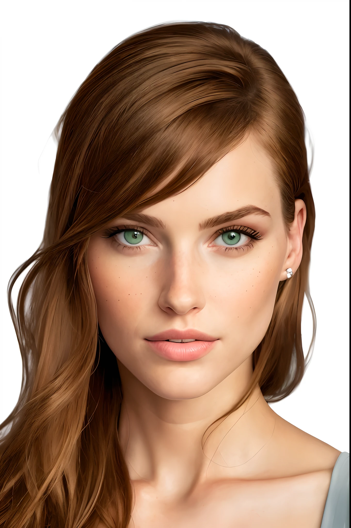 um close up de uma mulher com cabelos longos e olhos verdes, rosto bonito fotorrealista, rosto bonito realista, rosto perfeito sombreado num ambiente futurista, rosto bonito hiperrealista, rosto perfeito realista, modelo de rosto perfeito, rosto realista altamente detalhado, realistic digital illustration, pintura digital hiper-realista, belo rosto realista, fundo futurista, com carros voadores e drones