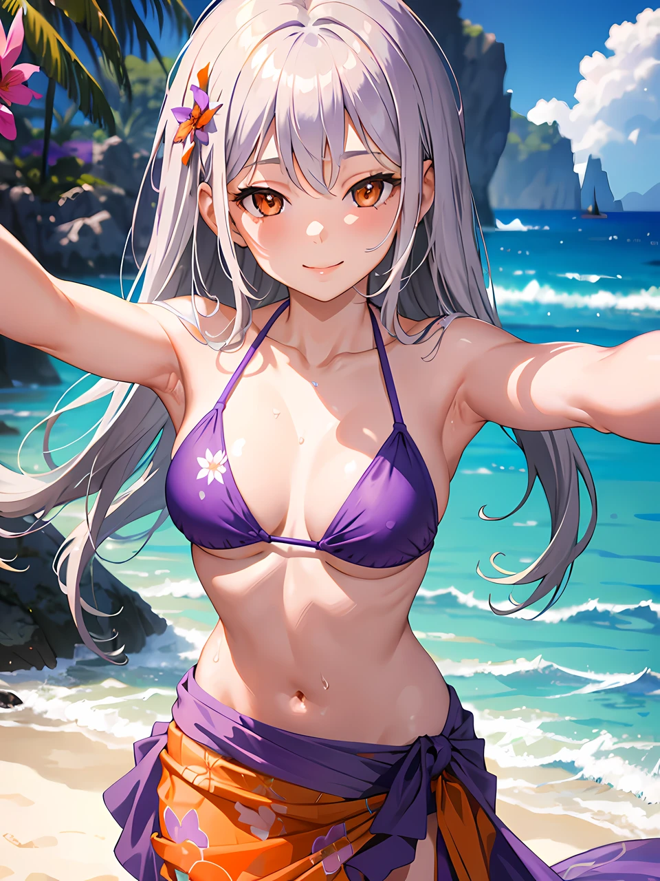masterpiece, best quality, beach, 1 girl, gray hair, (orange eyes), happy, delicate face, (purple bikini), (purple sarong), beautiful lighting, depth of field, smile, shooting selfie on front camera with two hands