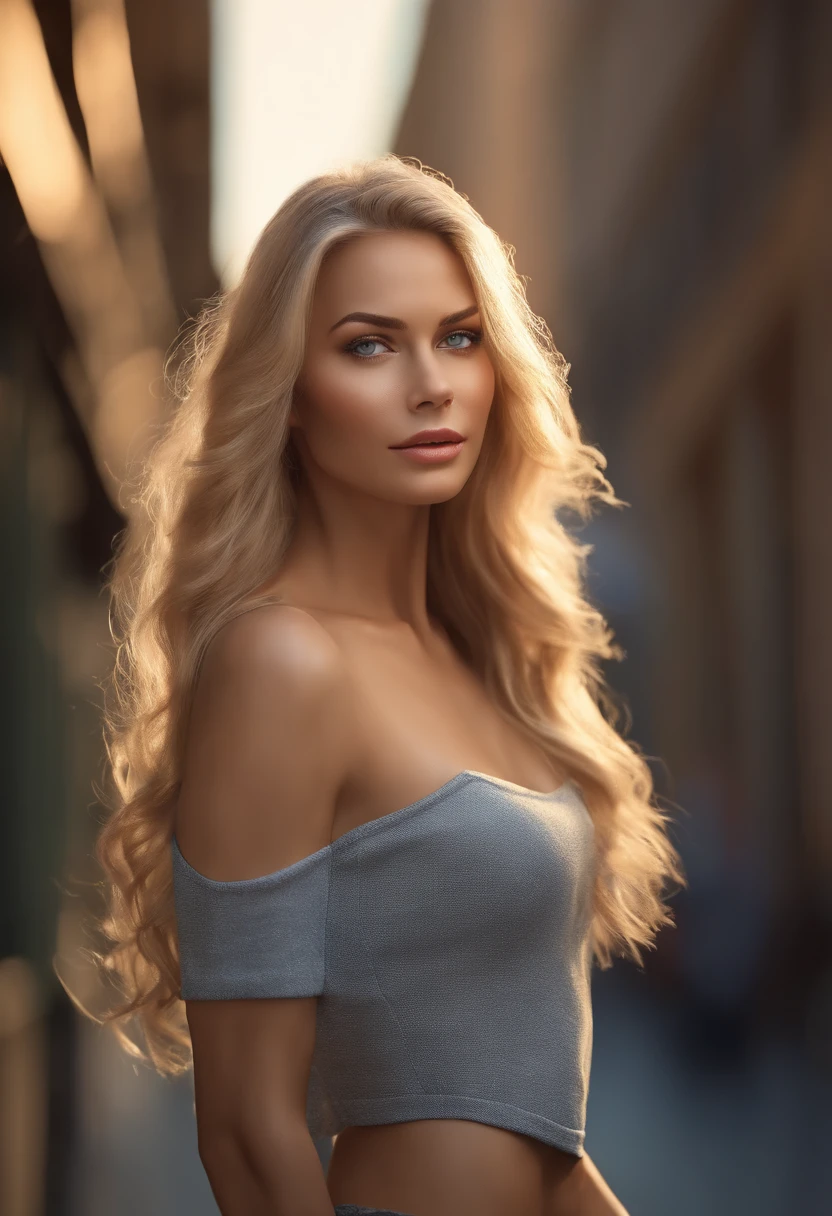 gorgeous woman with extra long wavy blonde hair, detailed alluring blue and green eyes, long sexy legs, wearing tiny shorts, crew neck t-shirt, ((detailed facial features)), (finely detailed skin), pale skin, realistic skin texture, extreme skin details, (pores:0.1), in the background beautiful city, best quality masterpiece, photorealistic, hyperrealistic, detailed, 8k, HDR, (Soft color: 1.2), shallow depth of field, broad light, high contrast, backlighting, bloom, light sparkles, chromatic aberration, sharp focus, RAW color photo