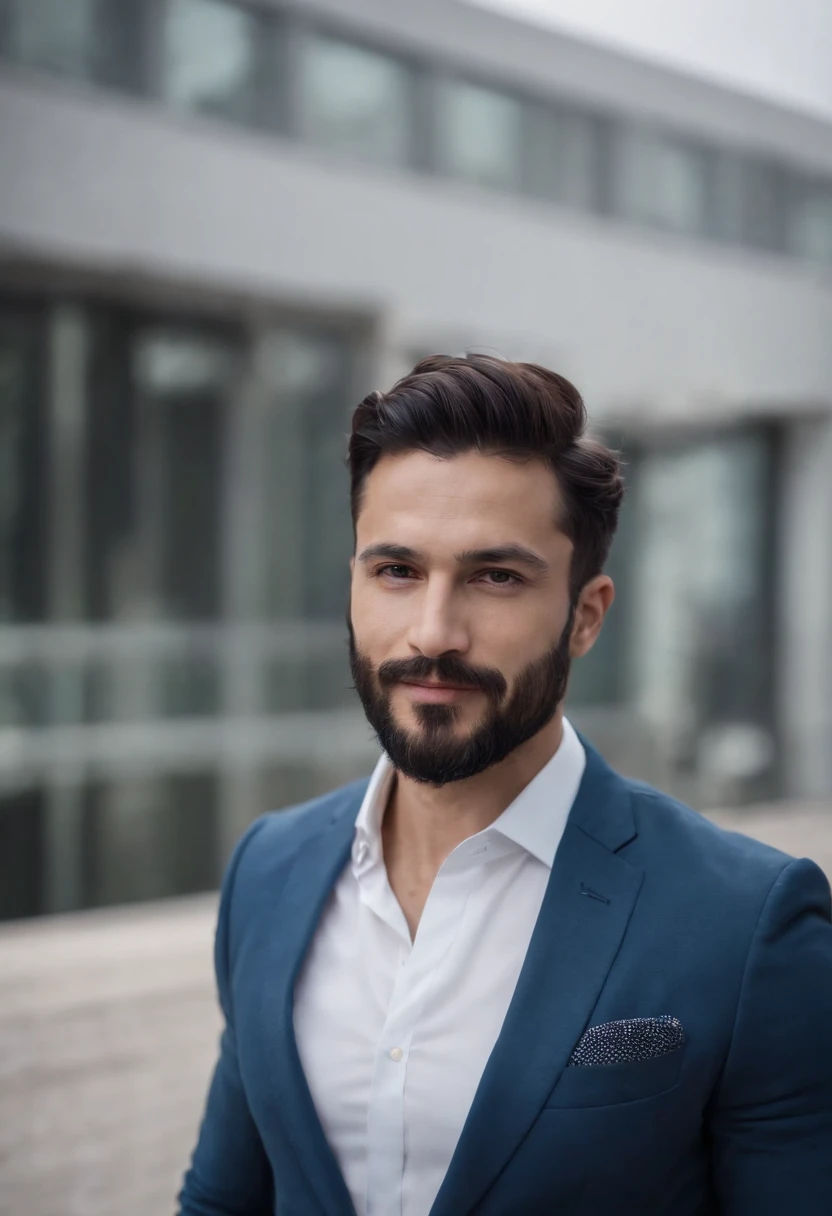 Sigma man, judgmental, black hair beard, muscular, smiling slyly, wearing casual suit, Turkish