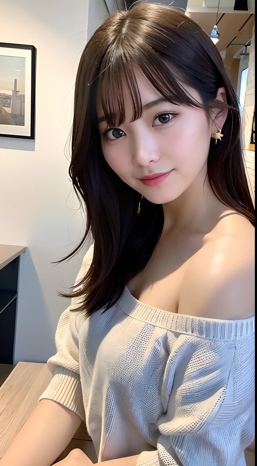 top-quality、Photorealsitic、8K、hight resolution、Perfect litthing、a gorgeous、masterpiece、realisitic、closeup portrait、
1girl in、piercingeyes、off-the-shoulder sweater、middlebreasts、shorth hair、Look at viewers、kindly smile、in a cafe、in the room、a miniskirt、sun shine
