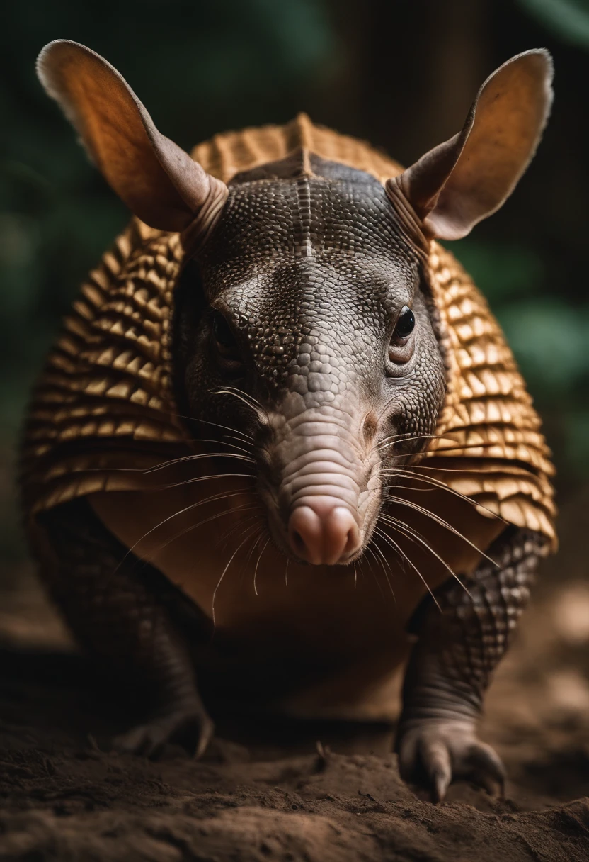 There's an armadillo, forte. Rambo-type physique, e com faixa e roupas do Rambo no cinema. Pintura de Derek Zabrocki, Unsplash, , olhar orgulhoso, fazendo uma pose majestosa quente, olhar orgulhoso, arte digital animal foto
