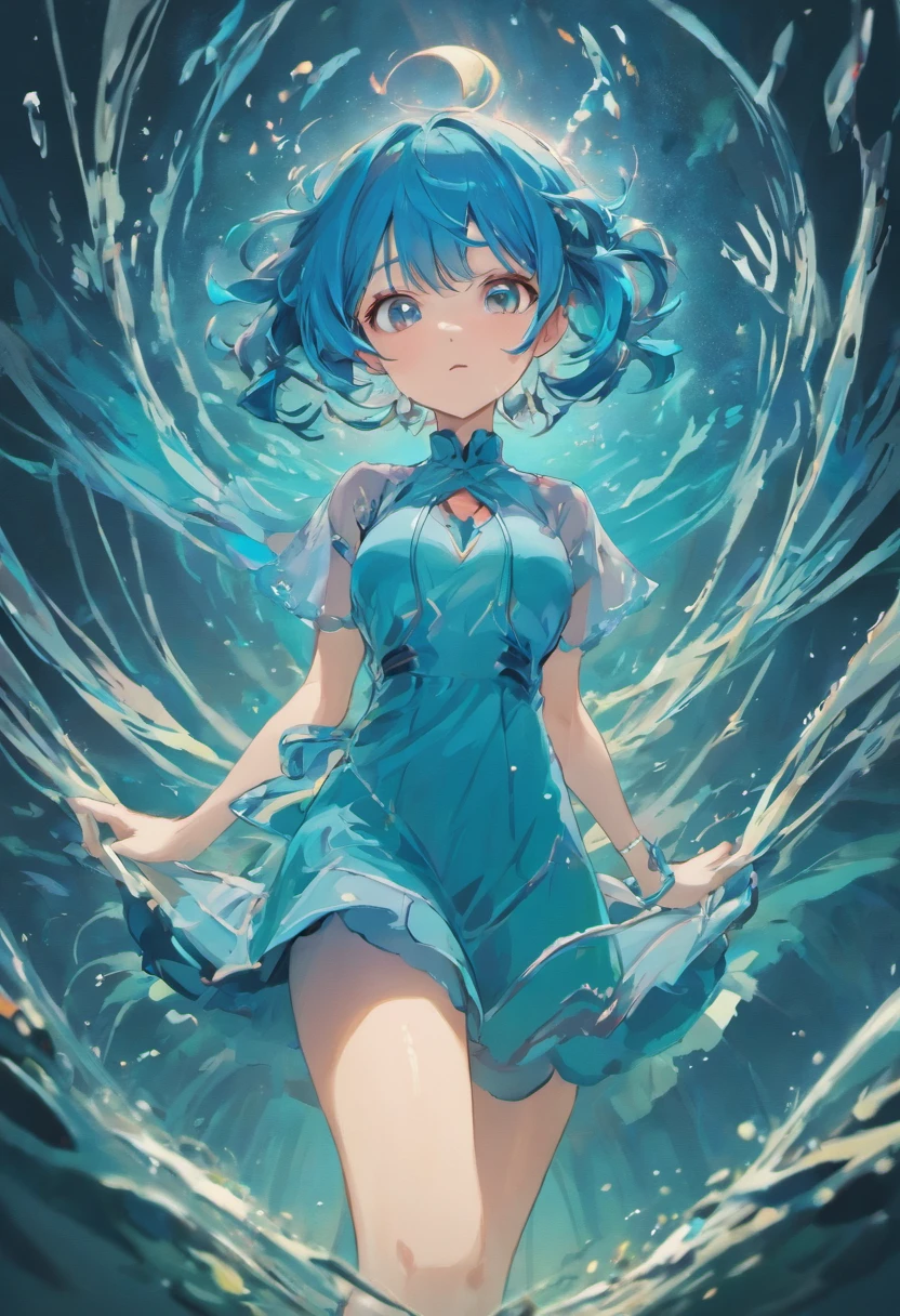 (best quality,4k,8k,highres,masterpiece:1.2),ultra-detailed,(realistic,photorealistic,photo-realistic:1.37),,young woman,anime style,blue hair,with a scaly dress,beautiful tentacle-like hair,like an expression of insanity,water fences and tentacles coming out of her body,dark,haunting,ethereal lighting,subtle color palette