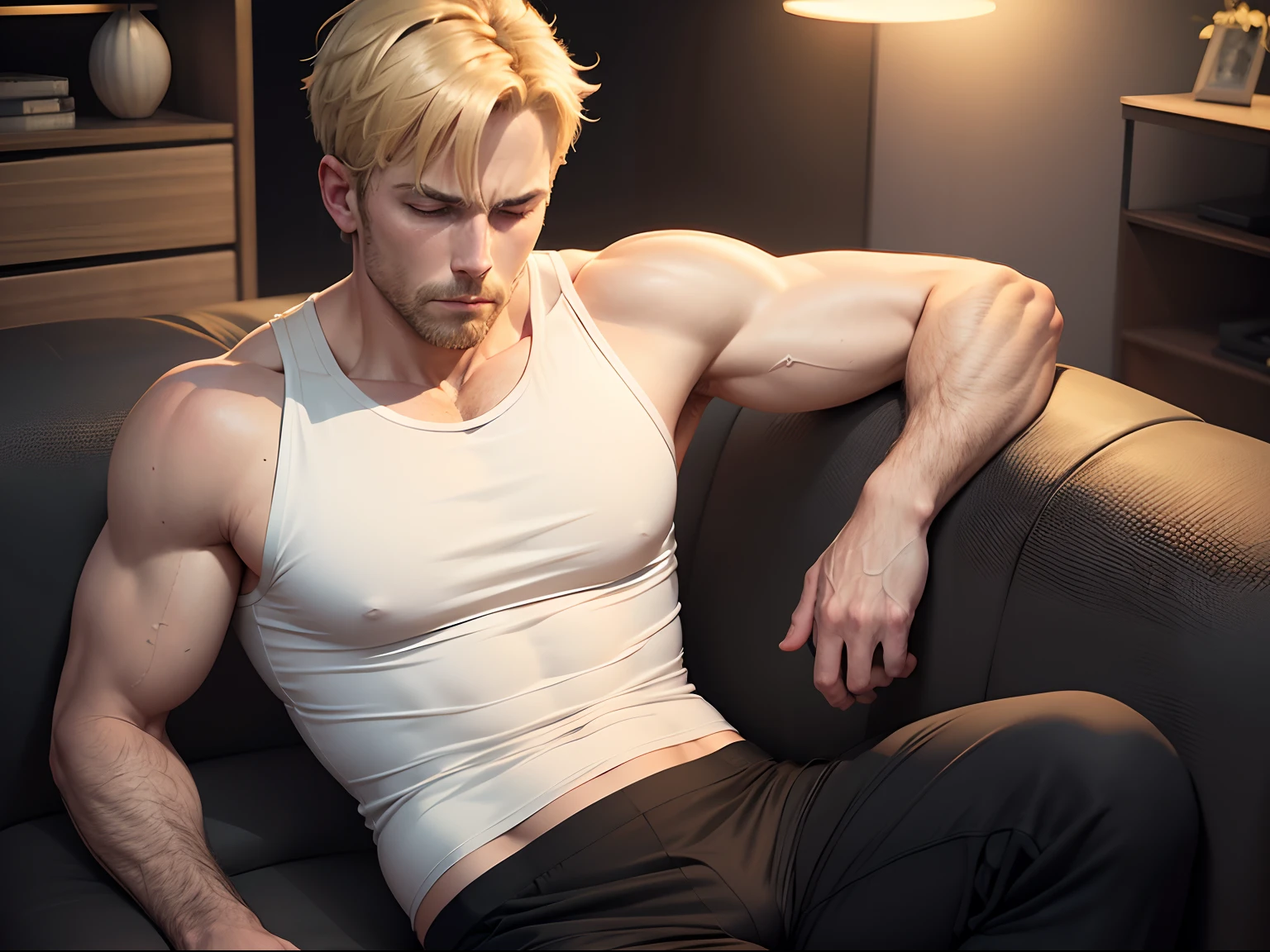 realistic 8k image of a 33-year-old man, blond, strong, short hair, eyes closed, dressed in a long white tank top and black pants, tired expression, sitting on a sofa in a simple apartment, night, anime style art