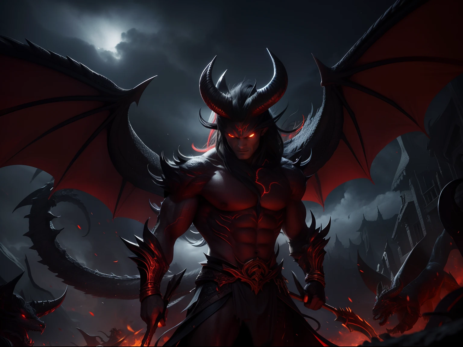 Homem, cabelos compridos negros, night  sky, White and red dragon behind, obra prima, asiatic, neutral expression, armadura escura, detalhado, detalhes vermelhos, lua cheia, demon horns, demon wings, brilho, pontos de luz, atmosfera serena, horripilante, escuro