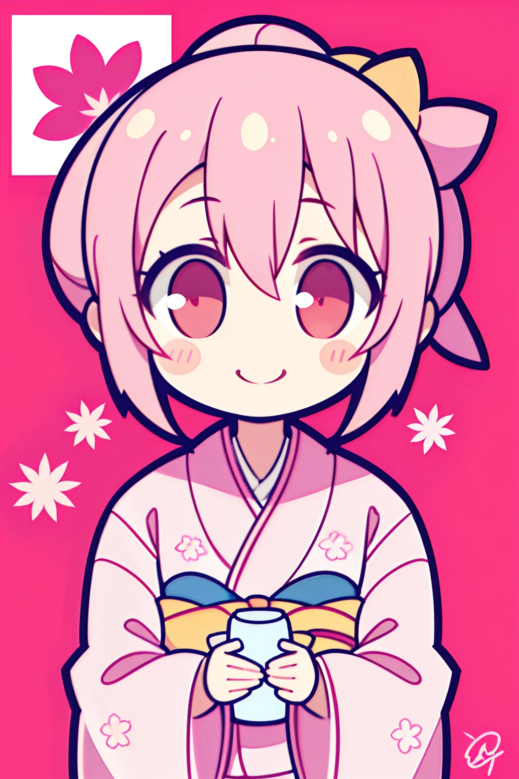 (Perfect picture quality:1.1),(masterpiece:1.1),(high quality:1.1),1 girl, SOLO, (wearing pink sakura gorgeous kimono:1.3), hijab, double ponytails on both sides, looking at the camera, smiling and doing a heartbeat, drinking tea, randomly tiled loving gray background,hijab