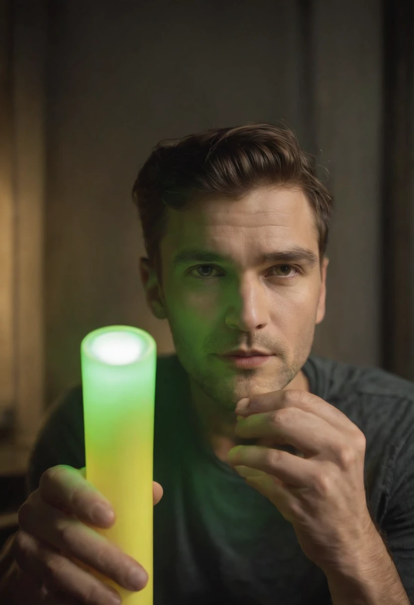 Portrait of a man holding a tube that include some type of element that glows yellow-green and gives judgment to those who drink it