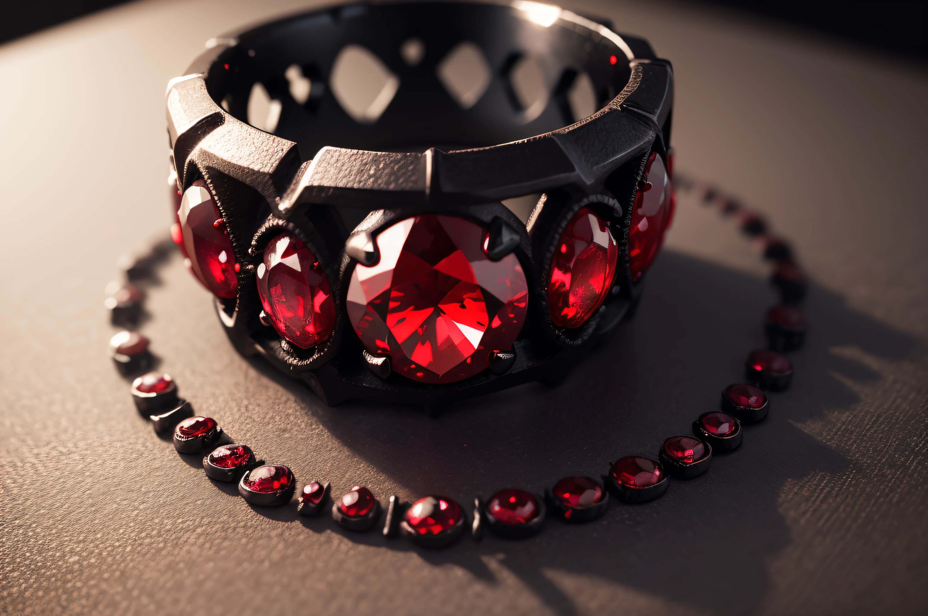 a black metal ring with a blood red ruby encrusted
