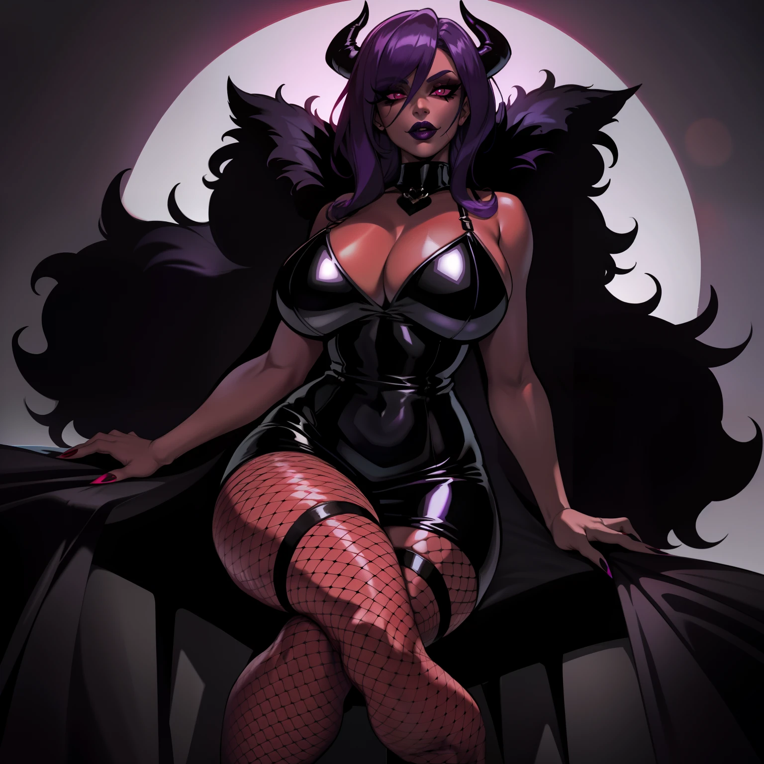 thicc mature succubus with purple hair, red eyes, wearing black and redsexy fur lined dress, wearing black lipstick, wearing knee high fishnets, portrait style