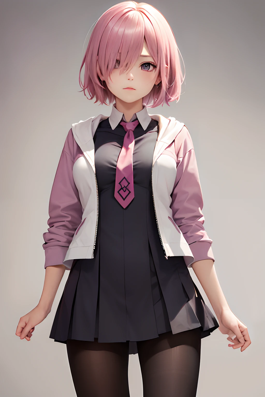 (masterpiece, best quality:1.2), cowboy shot, solo, 1girl, mash kyrielight, expressionless, closed mouth, looking at viewer, pink hair, hair over one eye, jacket, dress, necktie, pantyhose