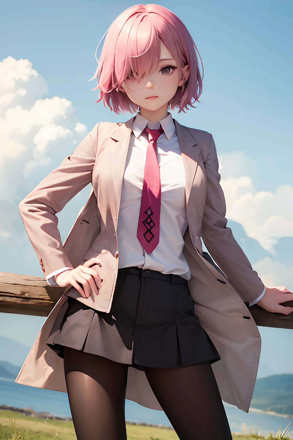 (masterpiece, best quality:1.2), cowboy shot, solo, 1girl, mash kyrielight, expressionless, closed mouth, looking at viewer, pink hair, hair over one eye, jacket, dress, necktie, pantyhose