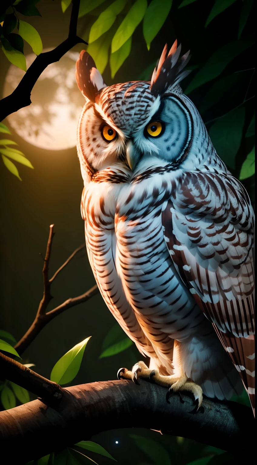 An amazing owl on the tree, red lighting eyes, in a dark jungle, cinematic, night, moonlight, high quality, 8k, super details