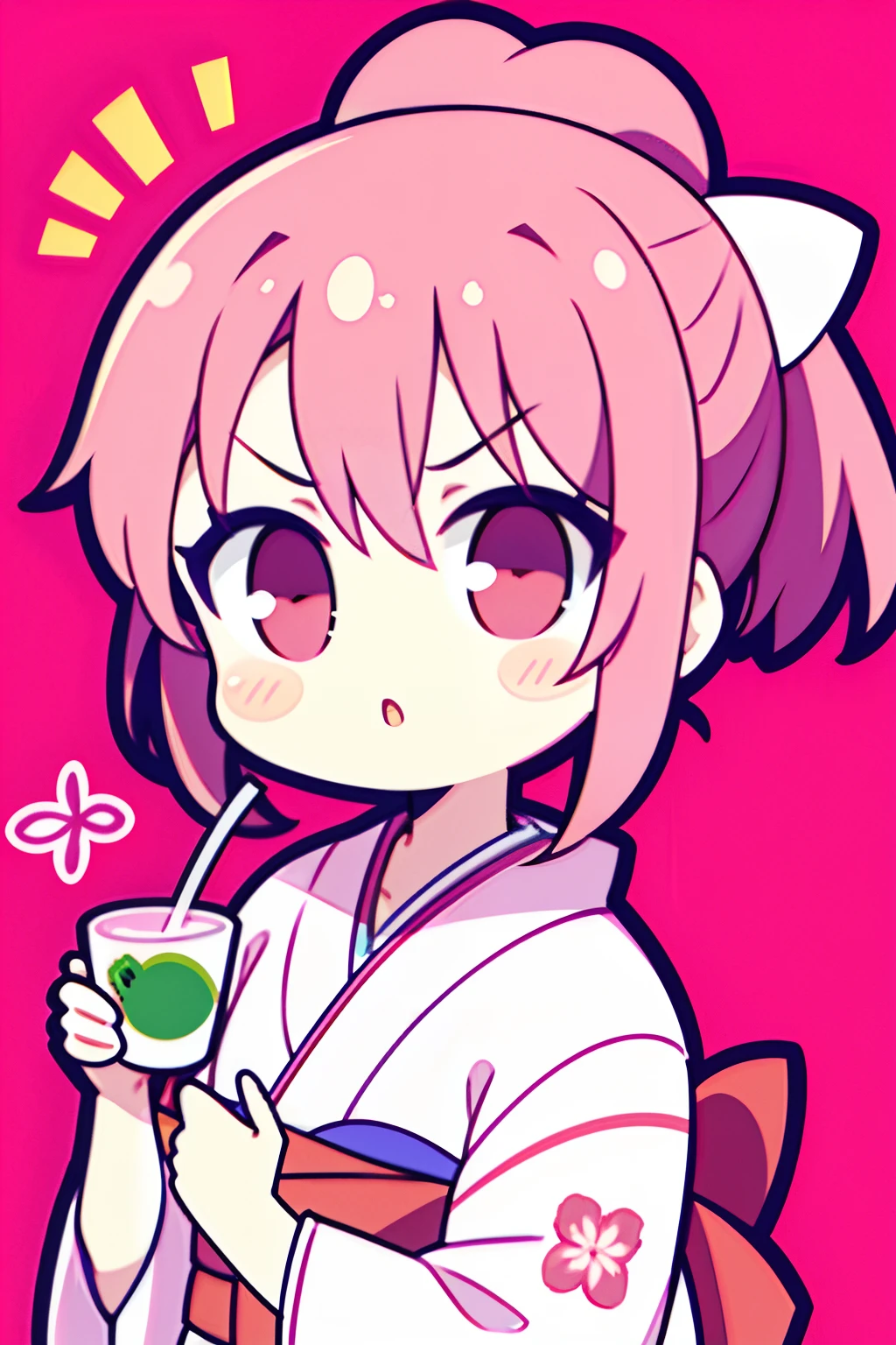 (Perfect picture quality:1.1),(masterpiece:1.1),(high quality:1.1),1 girl, SOLO, (wearing pink sakura gorgeous kimono:1.3), double ponytails on both sides, looking at the camera, angry and doing a heartbeat, drinking tea, randomly tiled loving gray background,