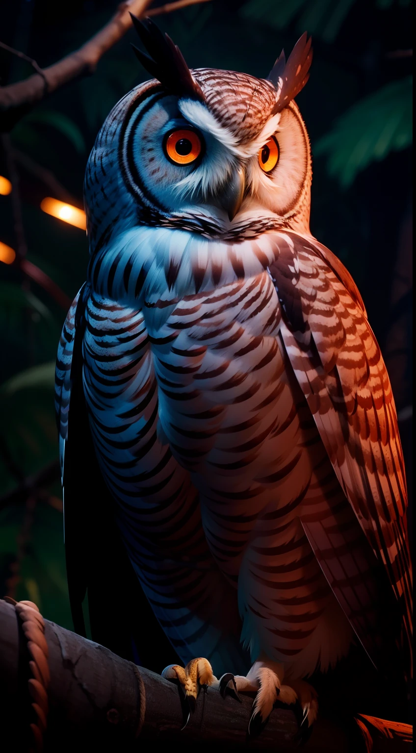 An amazing owl on the tree, red lighting eyes, in a dark jungle, cinematic, night, moonlight, high quality, 8k, super details