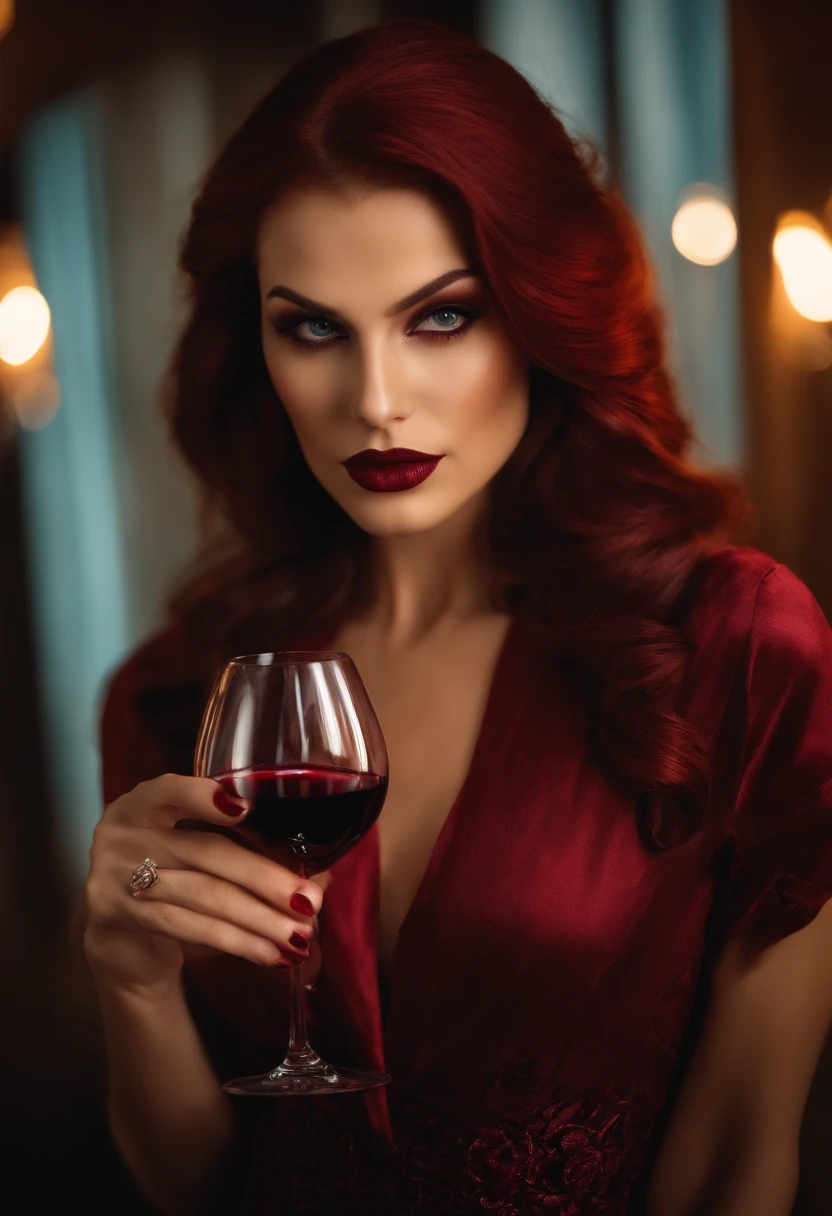 Vampiro com idade mediana, olhos vermelhos, hair combed back, roupas vermelhas, holding a glass of wine