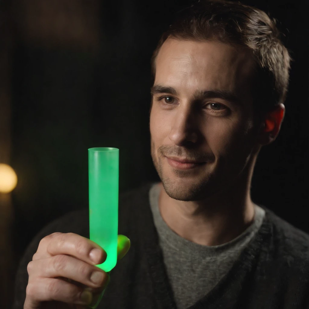 Portrait of a man holding a tube that include some type of element that glows yellow-green and gives judgment to those who drink it, inside a dark room, The light reflects on him face, smiling slyly, Self-confident
