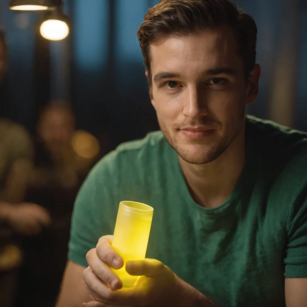 Portrait of a man holding a tube that include some type of element that glows yellow-green and gives judgment to those who drink it, inside a dark room, The light reflects on him face, smiling slyly, Self-confident