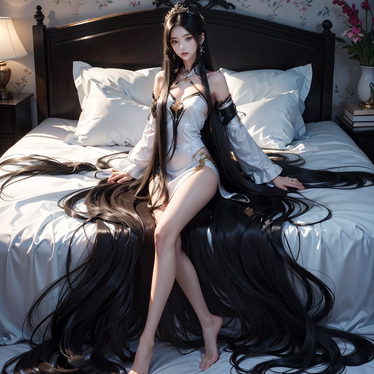 A beautiful woman with very long black hair。straight black hair。The location is on the bed。Black hair is about 5 meters long。naked。I&#39;m having trouble with my black hair being too long。Her long black hair always wraps around her body.。I want to cut my long black hair into a very short one.。