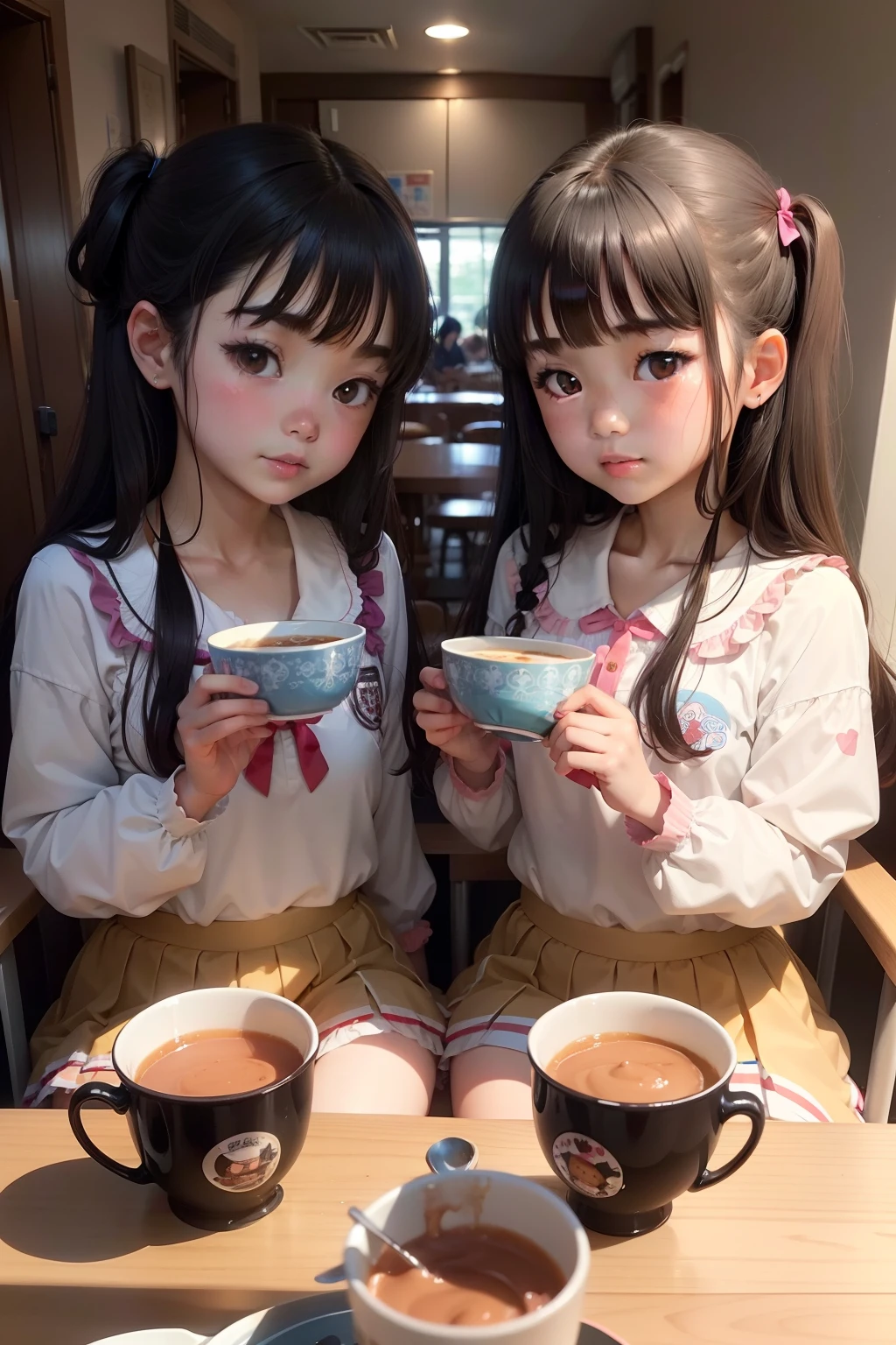 A dark-haired、校服、Cute High Girl、Same face in twin sisters、Pudding in the same cup1Piece by piece、Two people eating together